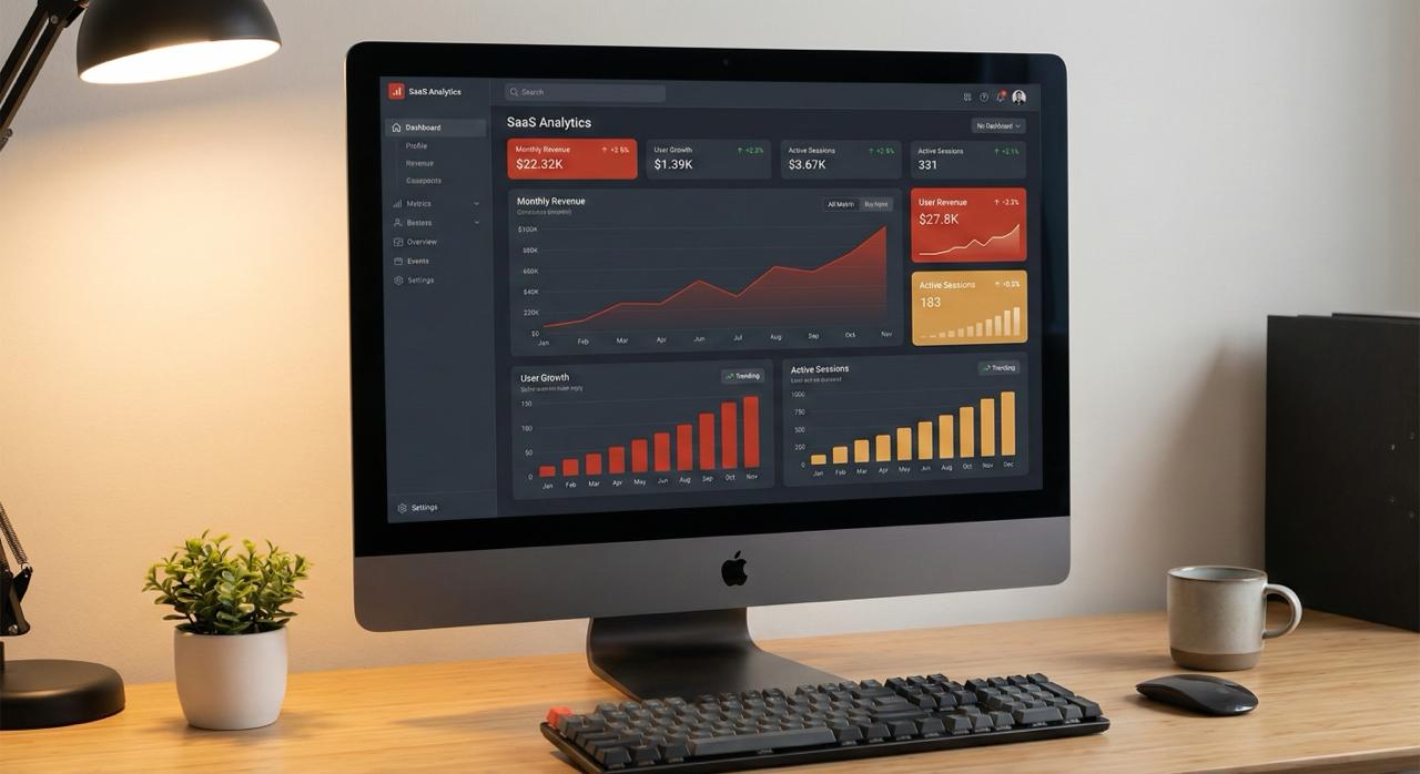 Marketing analytics dashboard with graphs trending upward on a laptop screen