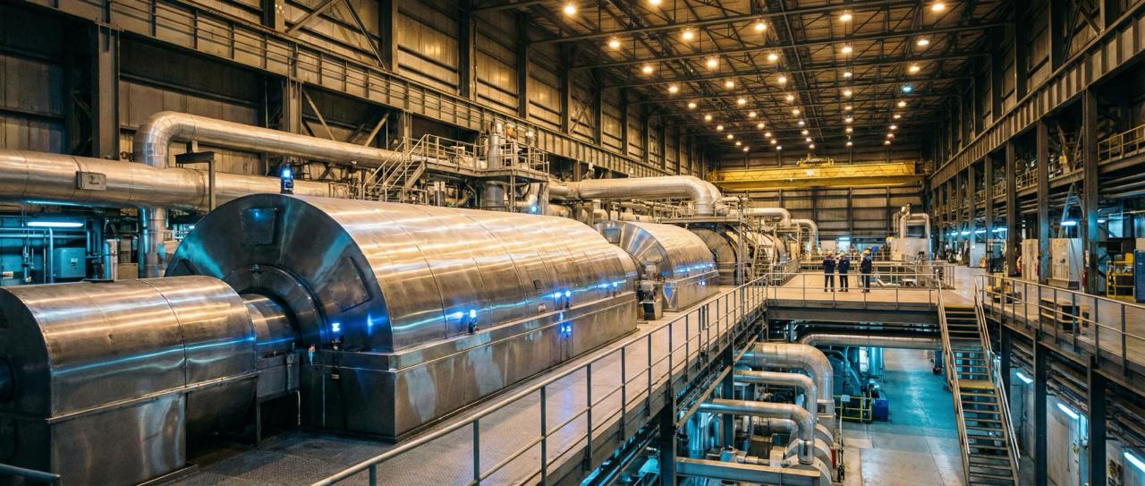 Senior engineer examining rotating machinery alongside a data analytics dashboard — bridging industrial expertise with digital intelligence