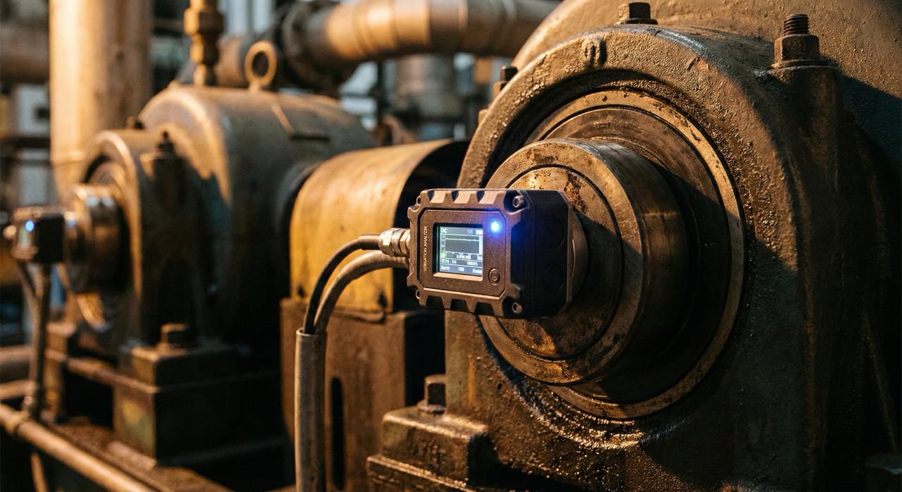 Vibration sensor mounted on bearing housing — precision engineering for predictive maintenance